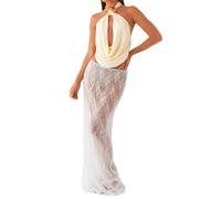 RUIWANBBY Women Floral Sheer Lace Maxi Skirt See Through Low Waist Solid Color Cover Up Long Skirts Summer Casual Streetwear (Blue, S)