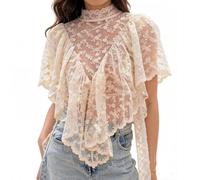 RUIWANBBY Women Flowy Sheer Mesh Lace Blouse See Through Floral Embroidered Short Sleeve Shirt Summer Going Out Streetwear