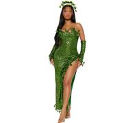 RUIWANBBY Women Halloween Fairy Costume Sets Glitter Sleeveless Strapless Mini Dress with Wings Cosplay Theme Party Outfits (E-army green (no wings), XL)