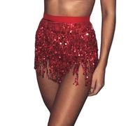 RUIWANBBY Women Sexy Sequin Glitter Tassel Fringe Skirt High Waist Shinny Belly Dance Mini Skirts Metallic Rave Party Outfits (Red, ONE Size)