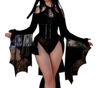 RUIWANBBY Women Witchy Gothic Halloween Costume Long Flared Sleeve Spider Web Slim Fit Bodysuit Dress for Theme Cosplay Party (Black, L)