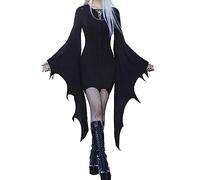 RUIWANBBY Women Witchy Gothic Halloween Costume Long Flared Sleeve Spider Web Slim Fit Bodysuit Dress for Theme Cosplay Party (B-Black, L)