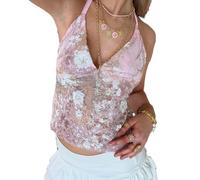RUIWANBBY Women Y2k Sequin Floral Print Halter Tops Sheer Mesh Sleeveless Backless V Neck Summer Going Out Cami Top Rave Outfits (Pink, S)