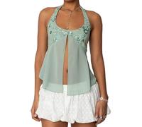RUIWANBBY Women Y2K Sequin Sparkly Halter Top Split Hem Tie up Backless Aesthetic Straps Tank Tops Summer Going Out Camisole (Green, S)