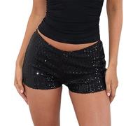 RUIWANBBY Women Y2k Sparkly Sequin Shorts Sexy Glitter Low Rise Elastic Waistband Hot Pants Rave Party Club Streetwear Outfit (Black, L)