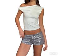 RUIWANBBY Women Y2k Sparkly Sequin Shorts Sexy Glitter Low Rise Elastic Waistband Hot Pants Rave Party Club Streetwear Outfit (D-Silver, S)
