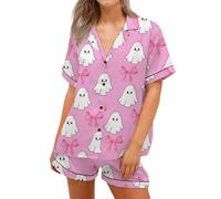RUIWANBBY Women's Halloween Silk Pajamas Sets Ghost Pumpkin Print Button Up Shirt and Shorts Sleepwear 2 Piece Satin Pjs Sets (Purple, L)