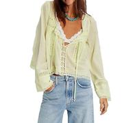 RUIWANBBY Women's Lace Tie Front Top Y2k Coquette Long Sleeve Ruffle Button Down Cardigan Shirt Going Out Flowy Peplum Tops (Light Green, M)