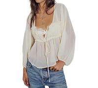 RUIWANBBY Women's Lace Tie Front Top Y2k Coquette Long Sleeve Ruffle Button Down Cardigan Shirt Going Out Flowy Peplum Tops (B-Milky, XL)