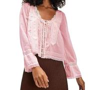 RUIWANBBY Women's Lace Tie Front Top Y2k Coquette Long Sleeve Ruffle Button Down Cardigan Shirt Going Out Flowy Peplum Tops (Pink, S)