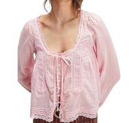 RUIWANBBY Women's Lace Tie Front Top Y2k Coquette Long Sleeve Ruffle Button Down Cardigan Shirt Going Out Flowy Peplum Tops (Light Pink, M)
