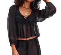 RUIWANBBY Women's Lace Tie Front Top Y2k Coquette Long Sleeve Ruffle Button Down Cardigan Shirt Going Out Flowy Peplum Tops (B-Black, XL)