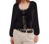 RUIWANBBY Women's Lace Tie Front Top Y2k Coquette Long Sleeve Ruffle Button Down Cardigan Shirt Going Out Flowy Peplum Tops (D-Black, M)