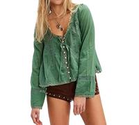 RUIWANBBY Women's Lace Tie Front Top Y2k Coquette Long Sleeve Ruffle Button Down Cardigan Shirt Going Out Flowy Peplum Tops (Turquoise, S)