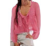 RUIWANBBY Women's Lace Tie Front Top Y2k Coquette Long Sleeve Ruffle Button Down Cardigan Shirt Going Out Flowy Peplum Tops (D-Pink, M)