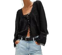 RUIWANBBY Women's Lace Tie Front Top Y2k Coquette Long Sleeve Ruffle Button Down Cardigan Shirt Going Out Flowy Peplum Tops (Black, S)