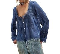 RUIWANBBY Women's Lace Tie Front Top Y2k Coquette Long Sleeve Ruffle Button Down Cardigan Shirt Going Out Flowy Peplum Tops (Blue, S)