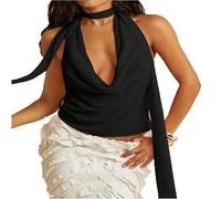 RUIWANBBY Women's Sexy Deep V Neck Halter Tops Summer Club Y2K Backless Scarf Crop Tank Top Cowl Neck Cami Outfits Clothes (Black, M)