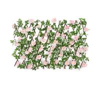 RUIXFLR Expandable Artificial Wooden Fence With Flowers Leaves, Garden Decoration Retractable Trellis, Scalable Hedge For Balcony, Courtyard, Medium Fence Pink Rose