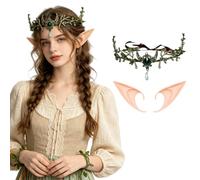 RUIXIA 2pcs Elf Costume Accessory Leaf Branch Fairy Crown with Soft Latex Elf Ears Set Woodland Fairy Tiara Headband for Halloween Cosplay Renaissance Faire Forest Wedding Photoshoot