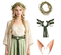 RUIXIA Elf Cosplay Accessory Set Vine Leaf Flower Crown & Green Crescent Moon Waist Belt & Latex Elf Ears Fairy Forest Elf Outfit Kit for Halloween Renaissance Faire Wedding Photoshoot Party Costume