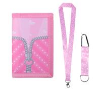 RUIXIA Girls Trifold Wallet with Anti-Lost Lanyard Sweet Pink Heart Pattern Canvas Wallet with Zipper Coin Pocket Card Holder Purse for Women Girls Teens Daily Outdoor Casual Travel Birthday Gift