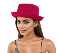 RUIXIA Summer Mesh Fedora Sun Hat for Men Women Sun Protection Breathable Foldable Jazz Cap Classic Short Brim Flat Vintage Dress Hat for Beach Party Costume Red