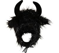 RUIXIA Women Men Furry Devil Horns Hat Unisex Black Animal Horn Earflap Hat Winter Thermal Faux Fur Beanie Cap Novelty Demon Ears Fancy Dress Cap for Halloween Costume Accessory & Cosplay Headgear