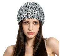 RUIXIA Womens Sparkly Sequin Crochet Beanie Summer Hollow Out Breathable Slouchy Skull Cap with Glitter Sequins Casual Hat Grey