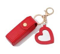 RUIXIAOXI PU Leather Chapstick Holder Keychain with Heart Mirror, Potable Lipstick Organizer Lip Gloss Case Lip Balm Pouch Key Chain for Women Girls, Red, Fashion