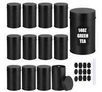 RUIYELE 12 Pcs Tea Tin Canisters with Double Airtight Lids, 14 oz Round Black Metal Tea Sugar Coffee Canisters Set Small Coffee Caddy Kitchen Container Storage for Loose Leaf Teas Spices (12)