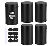 RUIYELE 4 Pcs Tea Tin Canisters with Double Airtight Lids, 14 oz Round Black Metal Tea Sugar Coffee Canisters Set Small Coffee Caddy Kitchen Container Storage for Loose Leaf Teas Spices (4)