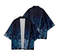 RUIYHE Traditional Chinese Kimono Cardigan, Lotus and Fish Print, White with Watercolour Design (UK, Alpha, M, Regular, Regular, Dark Blue)