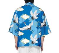 RUIYHE Traditional Chinese Kimono Cardigan, Lotus and Fish Print, White with Watercolour Design (UK, Alpha, M, Regular, Regular, Blue)