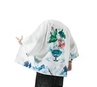 RUIYHE Traditional Chinese Kimono Cardigan, Lotus and Fish Print, White with Watercolour Design (UK, Alpha, M, Regular, Regular, White)