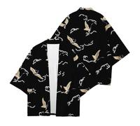 RUIYHE Traditional Chinese Kimono Cardigan, Lotus and Fish Print, White with Watercolour Design (UK, Alpha, M, Regular, Regular, Black)