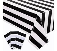 RuiYok 3 Packs Black and White Striped Tablecloths 54 x 108 Inch Plastic Disposable Table Covers Waterproof Stripe Table Cloth for Movie Night Themed Party Rectangle Tablecloth Picnic Decorations
