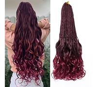 RuiYok 9 Packs French Curl Crochet Braids 18 Inch Ombre Burgundy Pre Welded Goddess, Box with Curly Ends, Red Bouncy, Synthetic, Bohemian, French, Braided, for Women