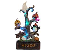 Rukjmqi Halloween Statue Decor - Welcome Tree Shape Halloween Decoration | Pumpkin Ghost Owl Seasonal Ornament with Light for Mantel Windowsill Fireplace Porch Escape Room