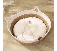 Rukuapid Cat Basket Bed with Cotton Cushion, Wicker Kitten Basket with Toy Ball, Round Cat Beds for Indoor Cats 40x40x13cm Woven Sleeping Nest, Breathable Pet Bed Four Seasons Universal