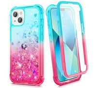 Ruky Glitter Case for iPhone 13 & 14, Full Body Rugged Cover with Built-in Screen Protector, Shockproof, Teal Pink