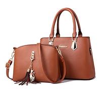 Rullar 2Pcs Women Top-Handle Bag Set PU Leather Tassel Ornaments Satchels Tote Shoulder Crossbody Bag Handbag Purse Brown