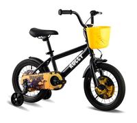 RULLY Dinosaur 16 Inch Boy's Bike for 4 5 6 7 year kid,Black & Yellow Dinosaur theme designs kids bicycle with removable Training Wheels,Coaster Brake and Handbrake, Basket