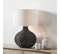 Pacific Lifestyle Black Rattan Table Lamp with White Linen Shade, Woven Bedside and Living Room Light, E27 Fitting, 70cm
