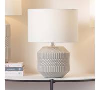 Pacific Lifestyle Grey Geometric Textured Short Ceramic Table Lamp | Modern Scandi Neutral Muted Grey Geo Embossed Lamp with White Drum Shade
