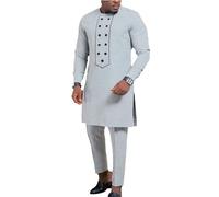 RUMAOZIA African Men's Outfit, Long Sleeve Dashiki, Traditional Ethnic Suit, 2-Piece Set, Cotton, Muslim, Retro, Ethnic Ramadan Kaftan Trousers with Drawstring and Long Medieval Shirt, blue, XXL