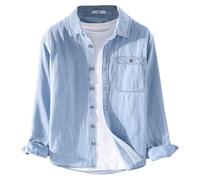 RUMAOZIA Denim Shirt Men's Long Sleeve Soft Cotton Two Pockets Slim Fit Jeans Comfortable Cowboy Shirt, Classic Button Placket Summer Tops for Men Jeans Shirts Regular Fit Casual Shirts, O Blue1, L