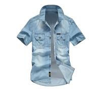 RUMAOZIA Denim Shirt Men's Short Sleeve Casual Shirts Men's Button Down Short Sleeve Shirt with Pockets Slim Fit Men's Shirts Cowboy Denim Shirt Blue Vintage Western Shirt Work Shirts Summer Shirt