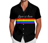 RUMAOZIA Hawaiian Shirt Men's Rainbow Flag Pride Month Casual Shirt Short Sleeve Striped Love Parade Outfit Rainbow Costume Gay Bisexual Gay LGBTQ Beach Shirt, P Black, L