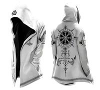 RUMAOZIA Hooded Jacket Men's Traditional Jacket Nordic Myth 3D Medium Length Cardigan with Hood Viking Runes Retro Fashion Personality Biker Trend Cardigan Long Coat Outdoor Wind Jacket, White, XXL